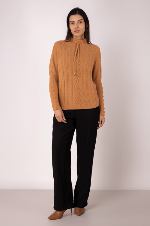 Blusa Tricot Feminina Alongada Manga Longa Em Fio Pluma Caramelo