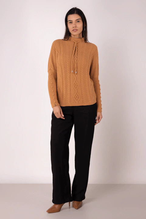 Blusa Tricot Feminina Alongada Manga Longa Em Fio Pluma Caramelo