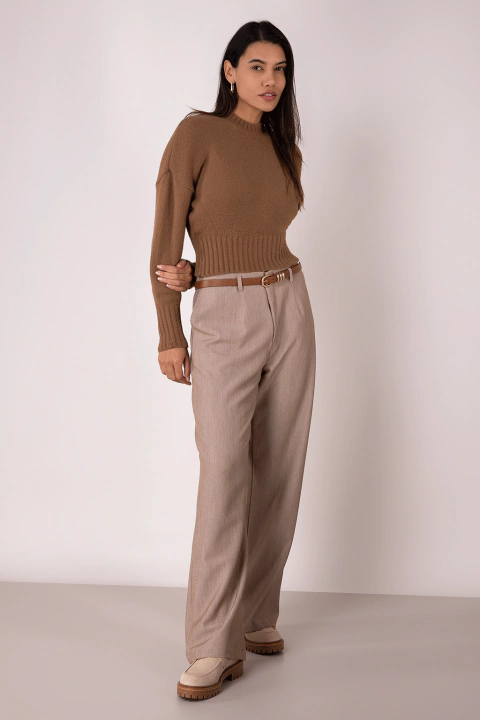 Blusa Tricot Cropped Feminina Manga Longa Em Fio Pluma Marrom Mocha Mousse