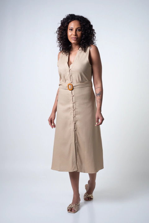 Vestido Chemise Com Linho e Cinto faixa - Bege