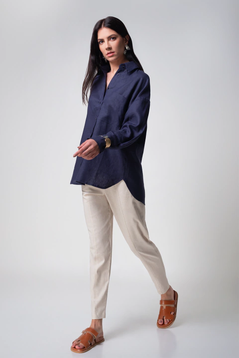 Camisa Feminina Oversized 100% Linho - Azul Marinho - comprar online