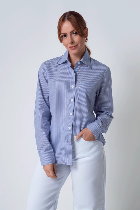 Camisa Feminina Listrada Azul Marinho