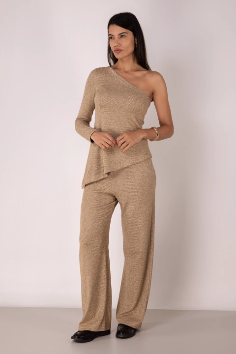 Calça Reta Tricot Geométrica Bege