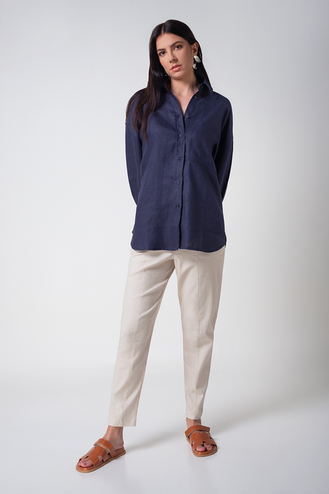 Camisa Feminina Oversized 100% Linho - Azul Marinho