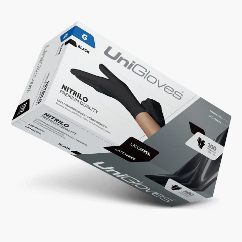 Caixa de Luvas Descartáveis Nitrílica Premium Quality UniGloves P na cor BLACK Sem Pó Com 100 Und
