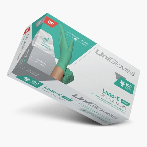 Caixa de Luva Descartáveis Lano-E Premium Quality UniGloves P na cor Green Sem Pó e Com Hidratante