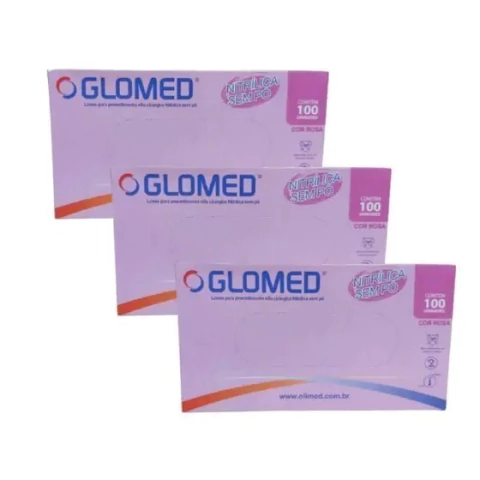 Caixa de Luvas Descartáveis P Nitrílica na cor Rosa Sem Pó Com 100 Unid Glomed