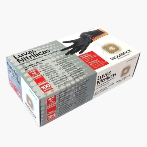 Caixa de Luvas Descartáveis Nitrílica G na cor Preta Sem Pó Com 100 Unid Descarpack