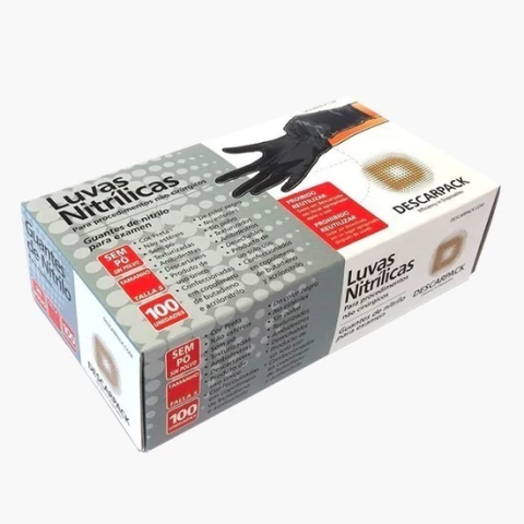 Caixa de Luvas Descartáveis P Nitrílica na cor Preta Sem Pó Com 100 Unid Descarpack