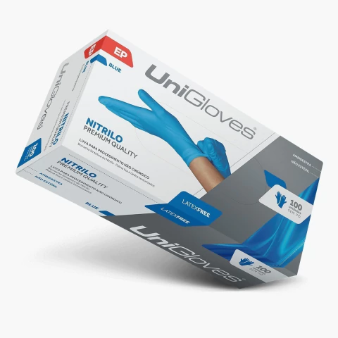 Caixa de Luvas Descartáveis Nitrílica Premium Quality UniGloves P na cor BLUE Sem Pó Com 100 Und