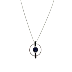 Colar Nuza em ródio branco com pingente circular e pedra azul central
