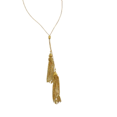 Colar ajustável dourado com franja dupla pendente em fundo branco