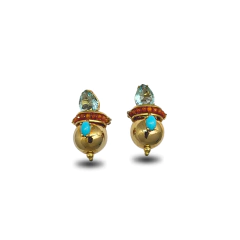 Brincos pequenos com banho ouro amarelo 18k, pedras turquesa e cristal