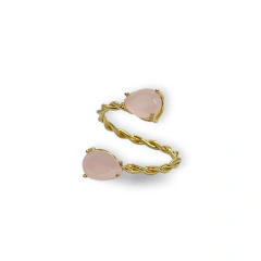 Anel feminino com banho em ouro 18k, aro torcido e duas pedras de cristal rosa em formato de gota