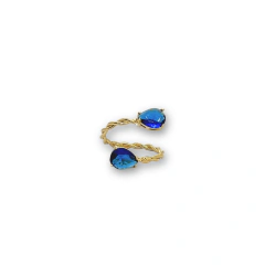 Anel feminino com aro torcido em banho de ouro 18k e duas pedras azuis em formato de gota