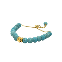 Pulseira ajustável com esferas de turquesa azul e detalhes em banho de ouro 18k