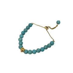 Pulseira ajustável com esferas de turquesa e detalhes em banho de ouro 18k