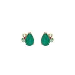 Brinco hipoalergênico banho Ouro 18k com pedra gota de cristal verde e detalhe lateral em cristais coloridos