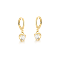 Brincos argola com pingente de coração em zircônia, banhados a ouro 18k