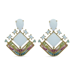 Brincos Pandora médios em banho de ouro amarelo 18K com pedras coloridas e detalhes em branco