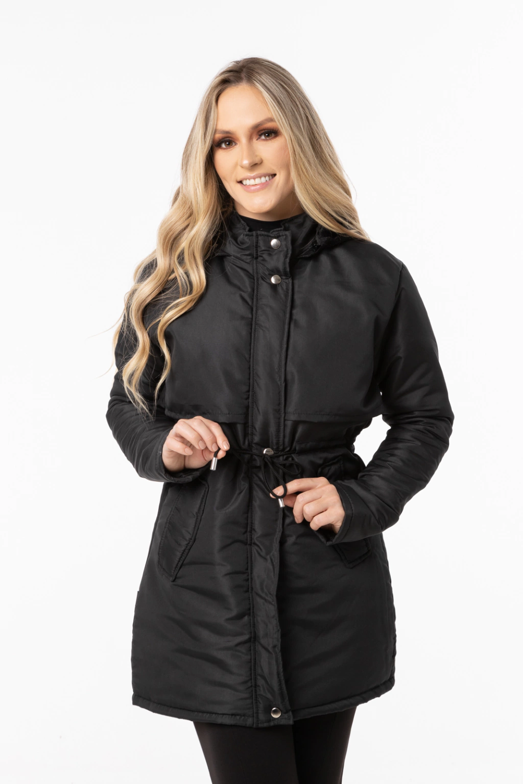 Jaqueta Sobretudo Blusa Carbella Forro de Pelo Bolso com Cordão cintura Preto