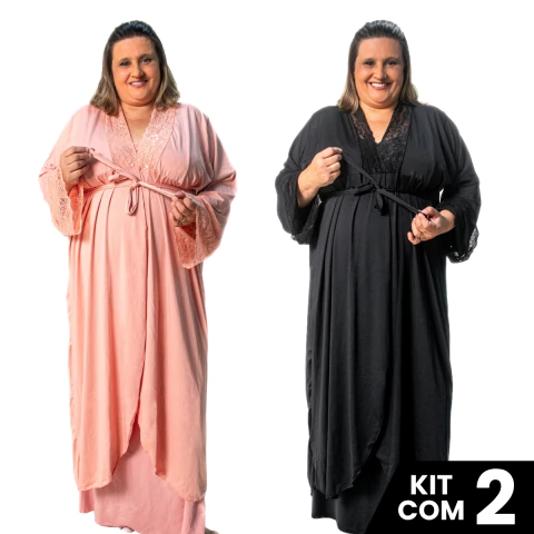 Kit 2 Robes Feminino Longo Plus Size Com Faixa Gestante Maternidade Pós Parto Roupa Dormir e Banho - comprar online