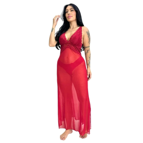 Camisola de Tule Transparente sem Bojo Sensual Elegante Longa com Renda Costas Cruzadas Vestido de Dormir Lingerie Sexy - comprar online