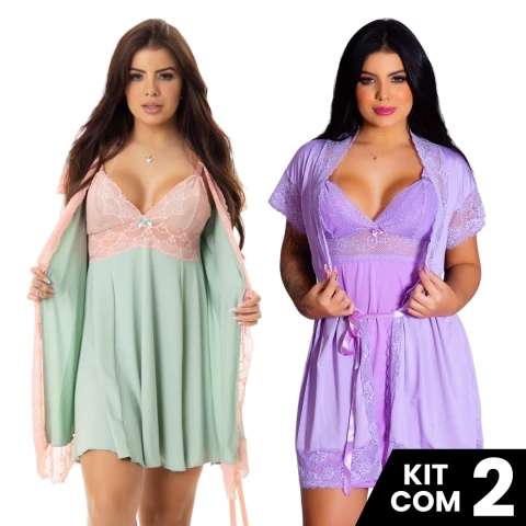 Kit 2 Robes Roupão e 2 Camisolas Amamentação Pós Parto Liso Com Renda Vestido de Dormir Maternidade Gestante Para mães - comprar online