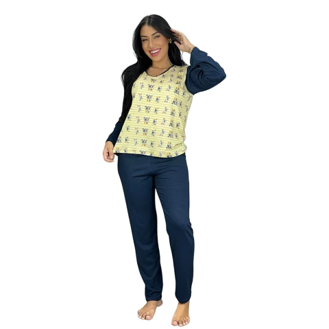 Pijama Blusa Manga Comprida Personagem e Calça Lisa Confortável Frio Inverno Moda Noturna