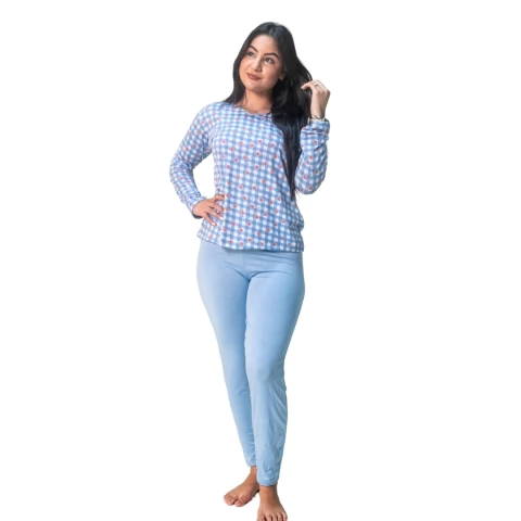 Pijama Blusa Manga Comprida Estampada e Calça Lisa Confortável Frio Inverno Moda Noturna na internet