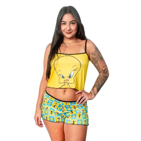 Baby Doll Pijama Cropped Estampado Personagens e Short Ondinha Feminino Design Alegre Roupa de Dormir - comprar online