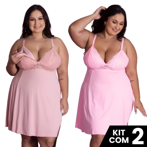 Kit 2 Camisolas Amamentação Plus Size Vestido de Dormir Com Renda Pós Parto Lisa Maternidade Tamanho Grande Confortável - Surreal Lingerie: Roupas para Gestantes, Amamentação e Lingeries