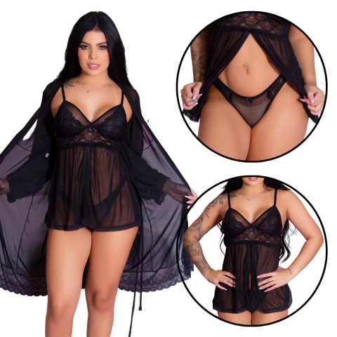 Kit de Robe + Camisola de Tule + Caçinha Sexy Com Detalhes Delicados Lingerie Sedutora Elegante Provocante na internet