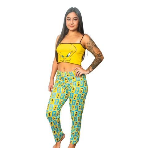 Pijama Calça e Cropped Estampado Personagens Temático Design Divertido Roupa de Dormir - loja online