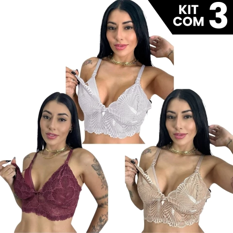 Imagem do Kit 3 Sutiãs Amamentação Com Renda Prático Sem Bojo Com Forro Confortável e Alças Reforçadas Feminino