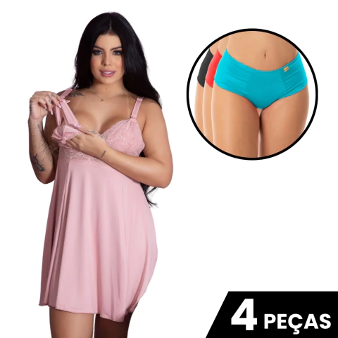 Imagem do Kit Roupa Maternidade Com Camisola Amamentação Vestido de Dormir + 3 Calcinhas Conforto Feminina Pós Parto