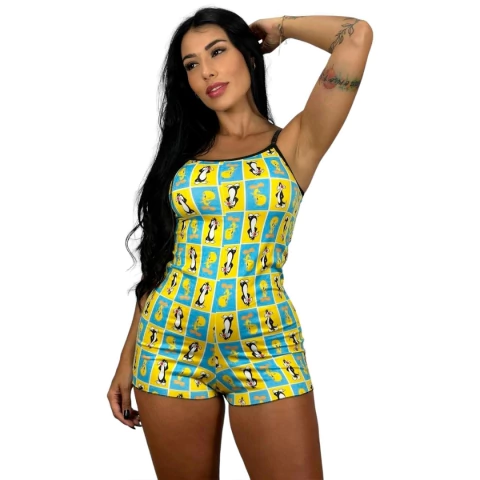 Macaquinho Pijama Estampado Personagens Temático Design Divertido Ondinha Alça Regulável Roupa de Dormir