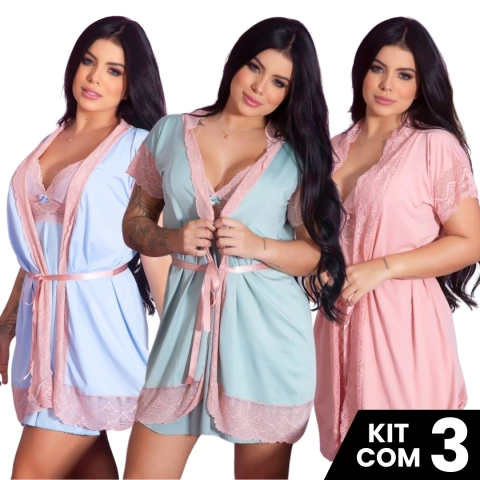 Kit 3 Robes Feminino Noiva Sexy Renda Luxo Roupão Banho Kimono Roupa de Dormir