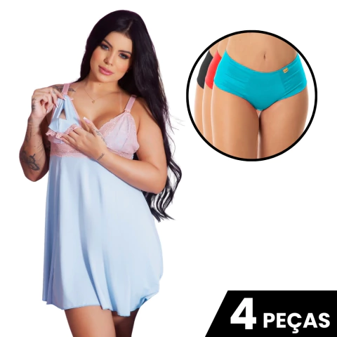 Kit Roupa Maternidade Com Camisola Amamentação Vestido de Dormir + 3 Calcinhas Conforto Feminina Pós Parto