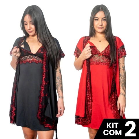Kit 2 Robes Roupão e 2 Camisolas Amamentação Maternidade Pós Parto Dormir Renda Bicolor Gestante - comprar online