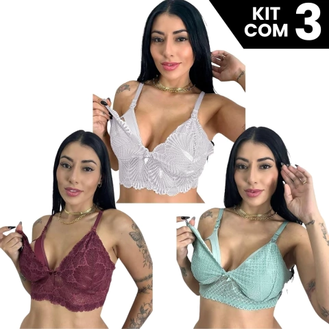 Kit 3 Sutiãs Amamentação Com Renda Prático Sem Bojo Com Forro Confortável e Alças Reforçadas Feminino