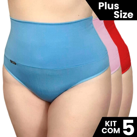 Kit 5 Calcinhas Plus Size Cós Alto 19CM Confortável Microfibra Ajuste Perfeiro