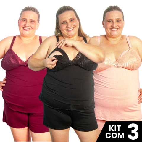 Kit 3 Baby Doll Amamentação Plus Size Pijama Gestante Maternidade Tamanho Grande na internet