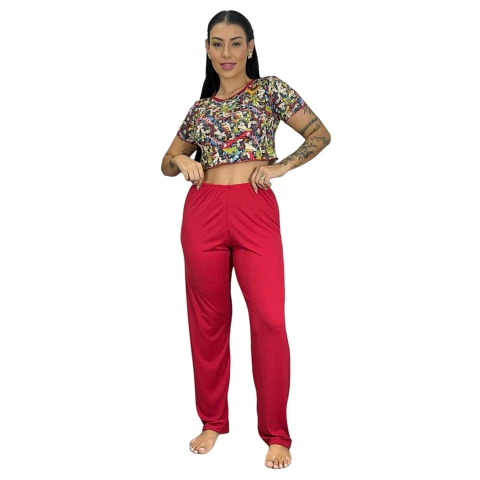 Pijama Cropped Estampa Personagem Calça Lisa Confortável Adulto Moda Noturna - loja online