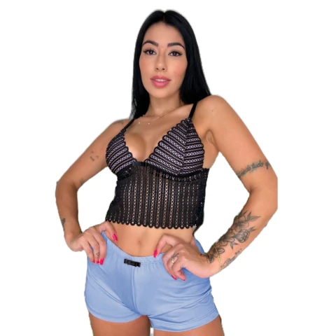 Baby Doll Sensual Short Doll Camisete Com Renda Luxo Romântico