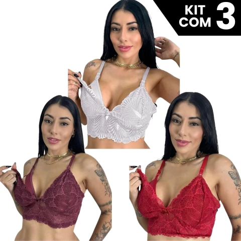 Kit 3 Sutiãs Amamentação Com Renda Prático Sem Bojo Com Forro Confortável e Alças Reforçadas Feminino - comprar online