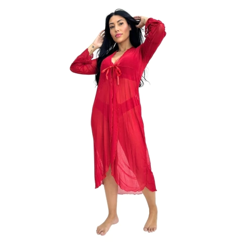 Robe Roupão Sexy Longo de Tule Com Renda Transparente Elegante Lingerie Feminina - loja online