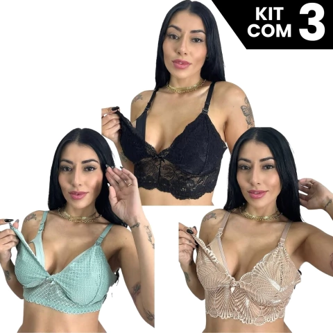 Kit 3 Sutiãs Amamentação Com Renda Prático Sem Bojo Com Forro Confortável e Alças Reforçadas Feminino na internet
