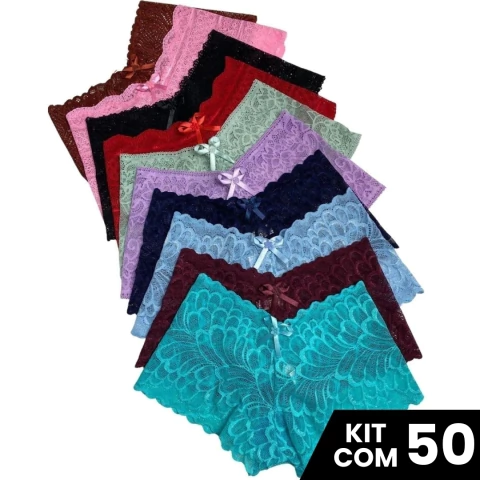 Kit 50 Calcinhas Caleçon Shortinho Renda Com Forro Algodão Sexy Confortável Sensual - comprar online