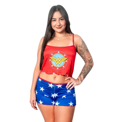 Imagem do Baby Doll Pijama Cropped Estampado Personagens e Short Ondinha Feminino Design Alegre Roupa de Dormir
